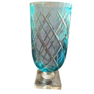 Giftcraft FTD Aqua Blue Cut Glass Design Pedestal 9" Vase Square Base Floral Dec